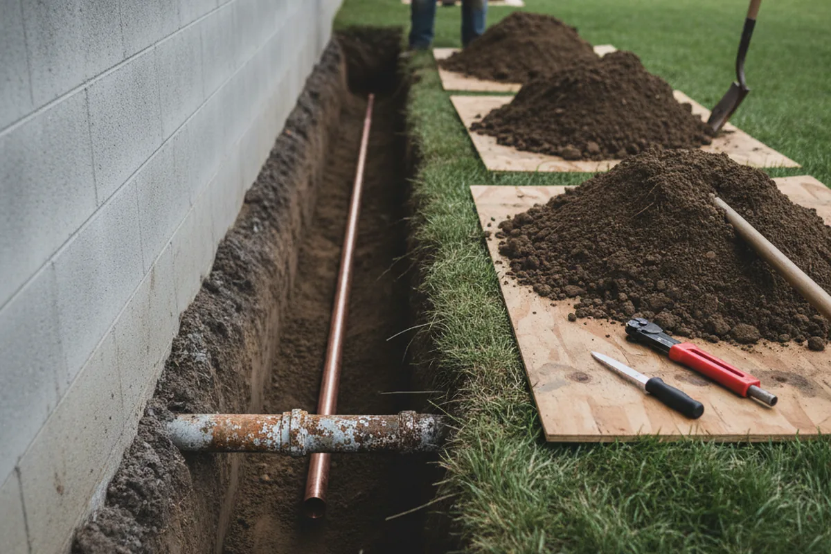 Excavated water line trench during Sewer Line Repair in Concord
